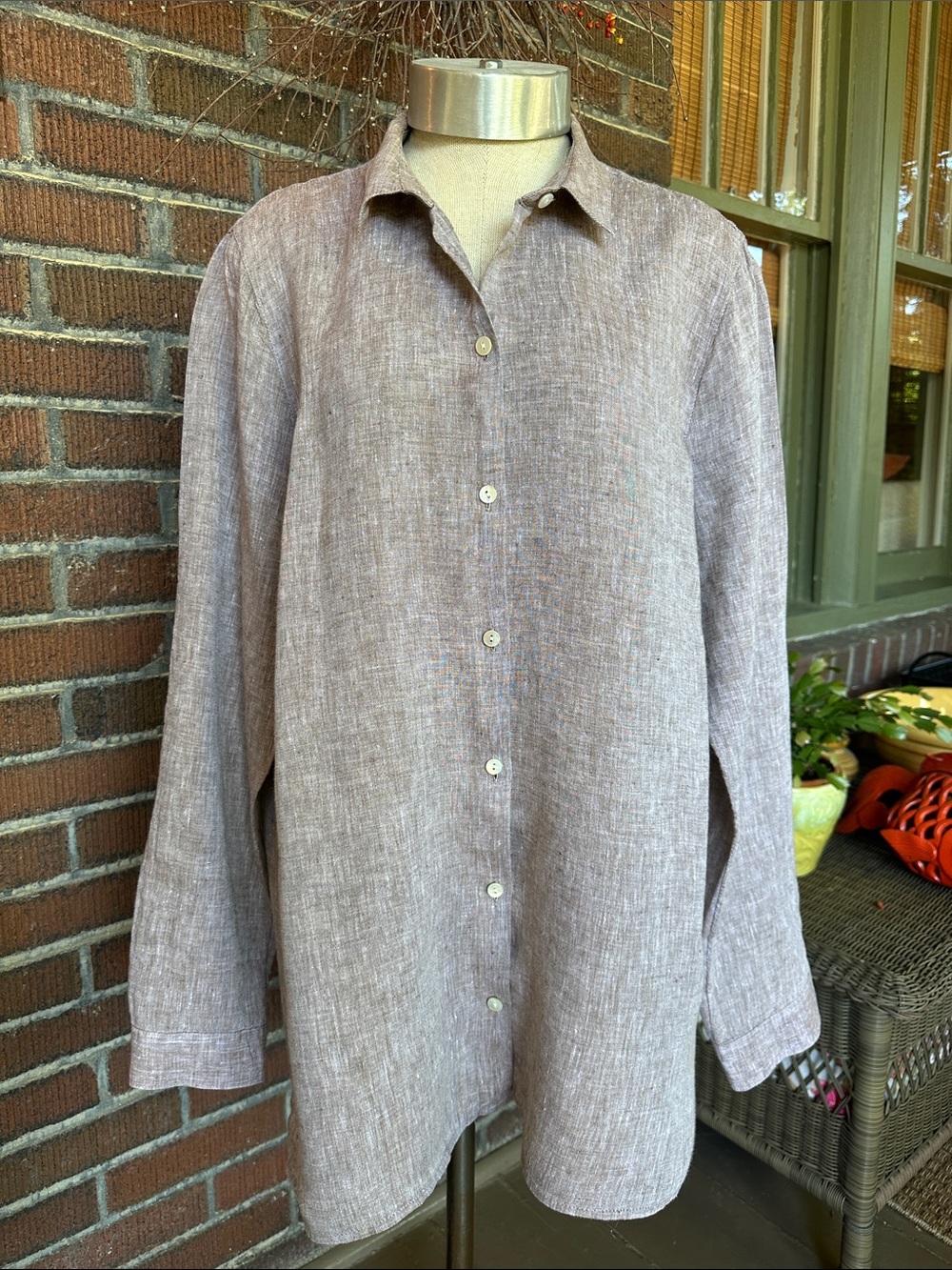 J Jill Love Linen mocha  brown long sleeve button front top/blouse. Size L Tall